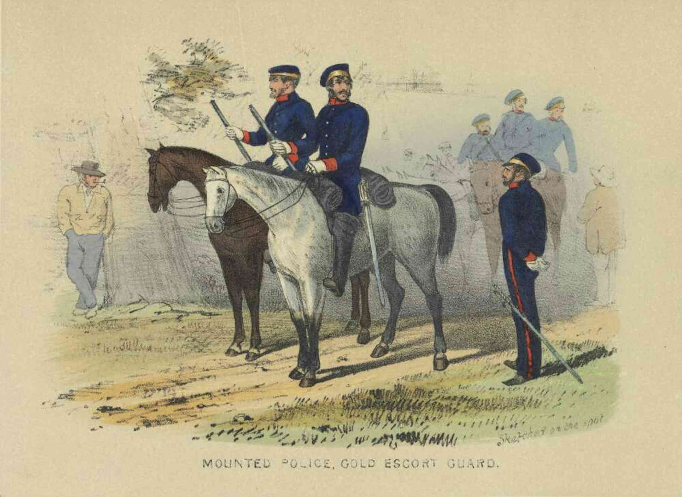 Mounted police, gold escort guard/ sketched on the spot by S.T. Gill.