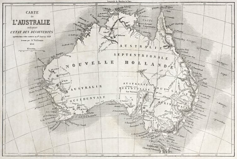 Old map of Australia with Nouvelle Hollande written across the landmass.