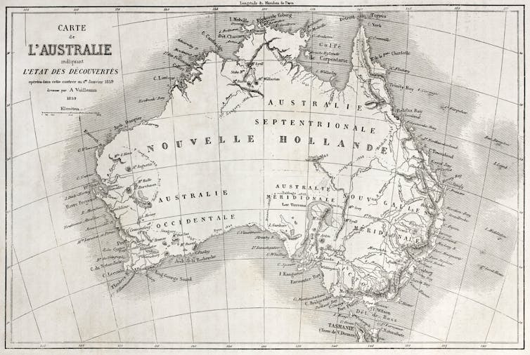 Old map of Australia with Nouvelle Hollande written across the landmass.