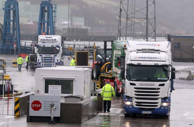 Trucks going through customs checks at a Northern Ireland port 