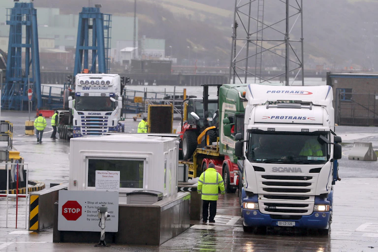 Trucks going through customs checks at a Northern Ireland port
