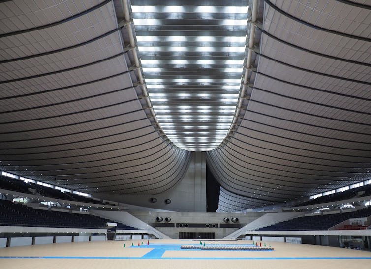An inside view of the Yoyogi National Stadium ceiling in Tokyo