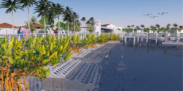 An artist's rendering of hybrid coastal protection showing people swimming near the structure and walking on a path behind it.