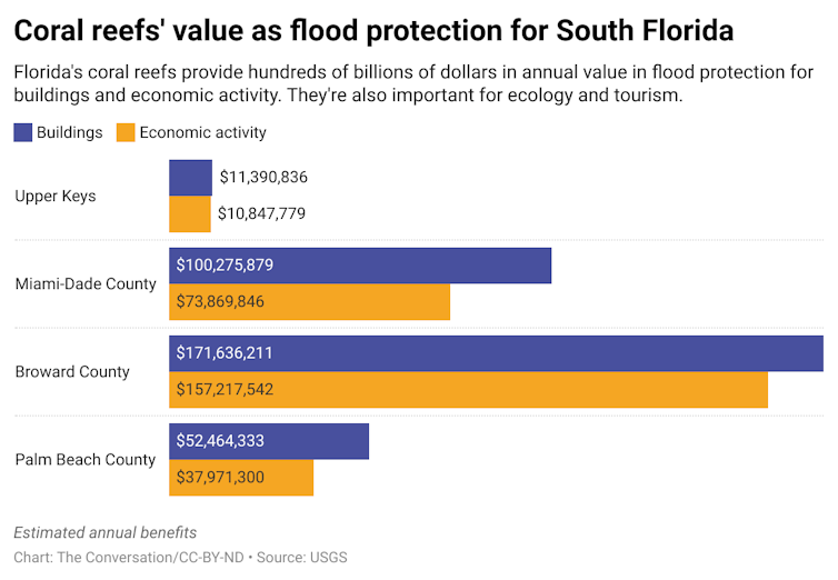 A chart comparing the estimated annual benefits that coral reefs provide for buildings and economic activity in different parts of South Florida.