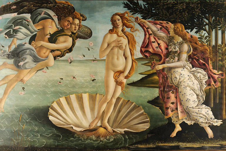 Naked woman in shell surrounded by an angels and other women.