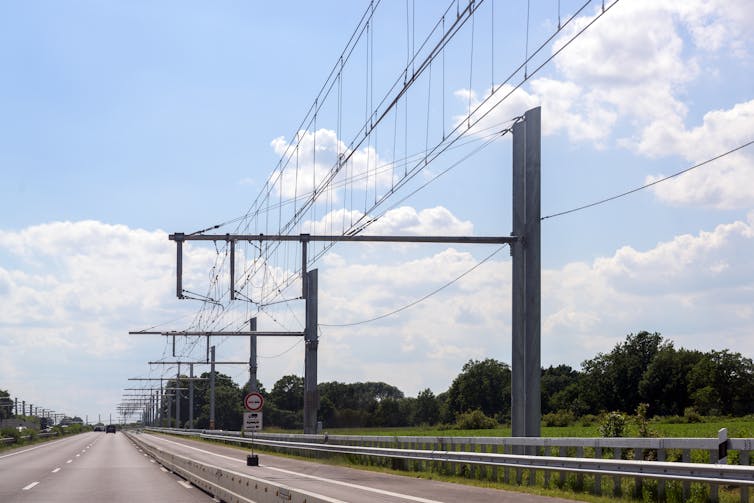 Overhead contact wires span an e-highway in Germany