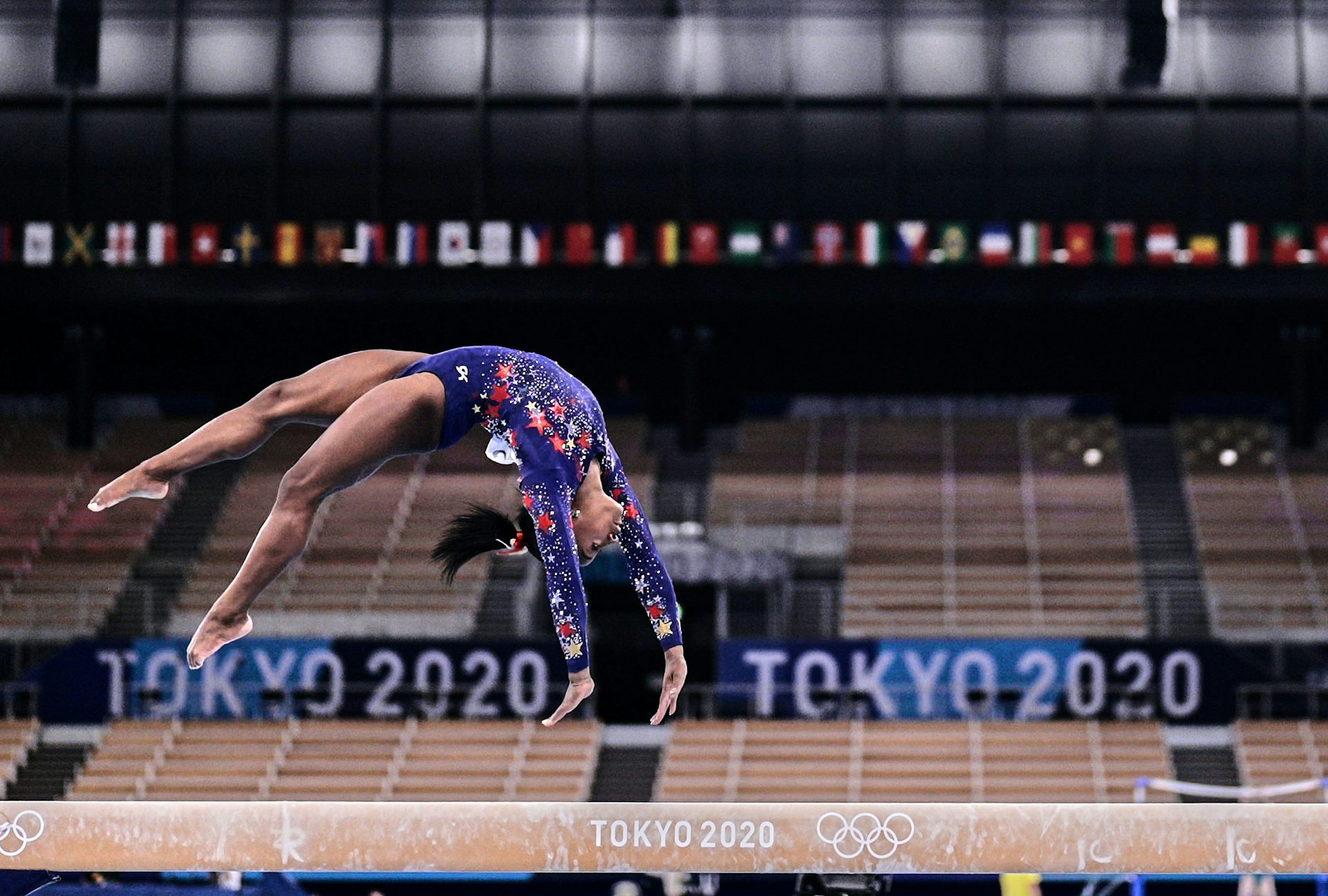 US gymnast Simone Biles during the women's qualification for the Artistic Gymnastics final at Olympic games in the Ariake Gymnastics Centre, Tokyo, Japan