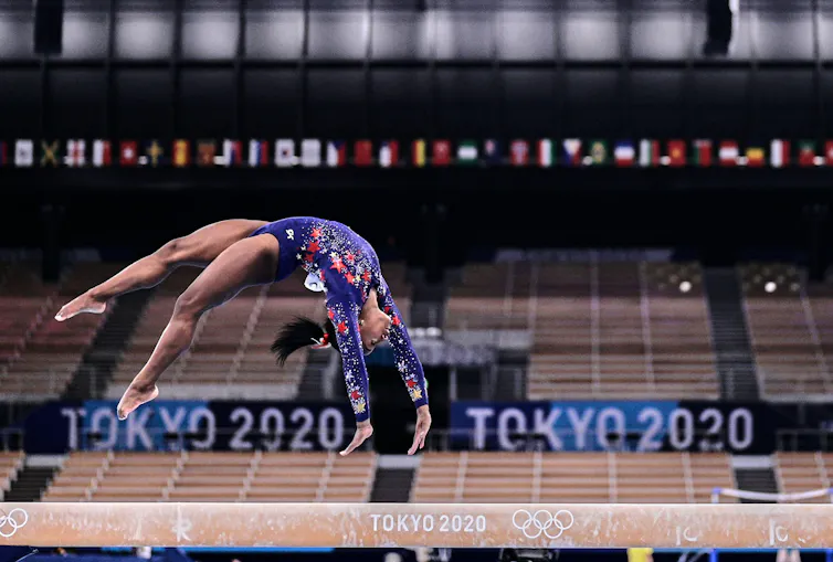US gymnast Simone Biles during the women's qualification for the Artistic Gymnastics final at Olympic games in the Ariake Gymnastics Centre, Tokyo, Japan