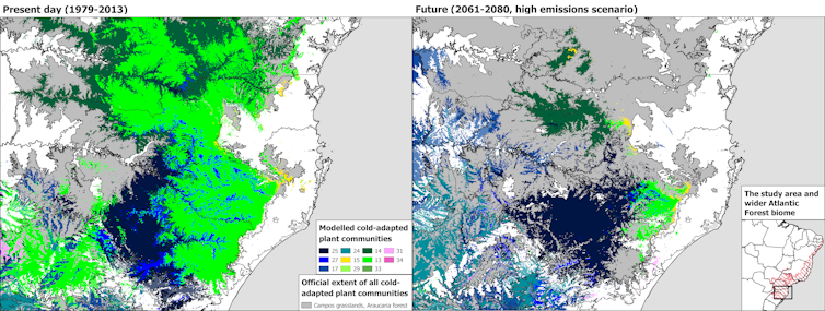 Two maps comparing the extent of plant communities adapted to cold weather in the present and in 50 years.