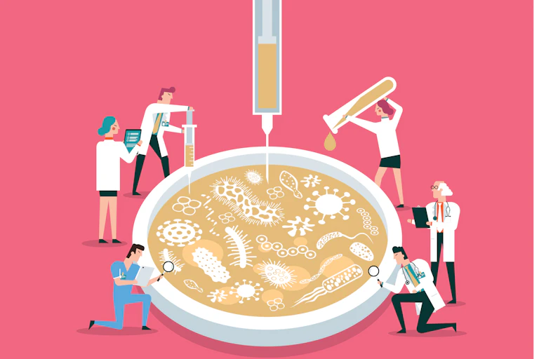 Illustration of scientists researching a giant petri dish of microorganisms.