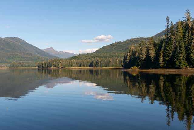 Forested mountains extend down to water's edge.