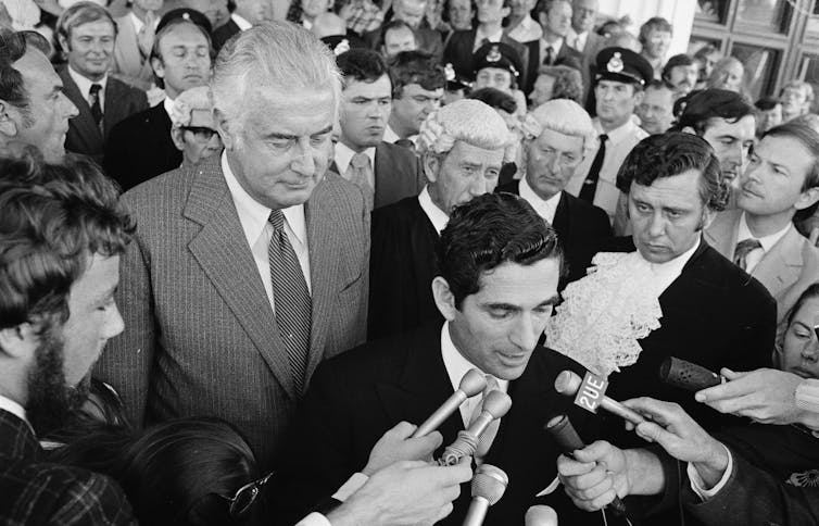 Gough Whitlam and demonstrators  at the dissolution of parliament in 1975.