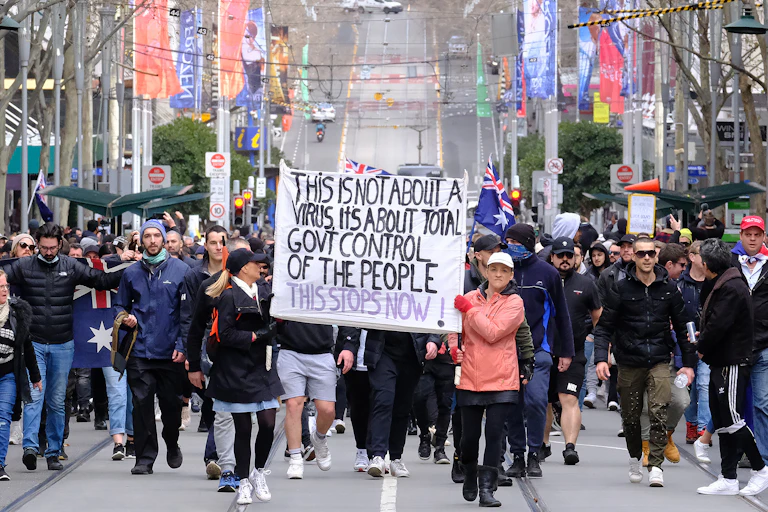 Protesters opposed to lockdowns, masks, the media and government in Melbourne, Saturday, July 24 2021.