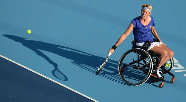 German tenniplayer Sabine Ellerbrock competes in a women's doubles match during the London 2012 Paralympic Games