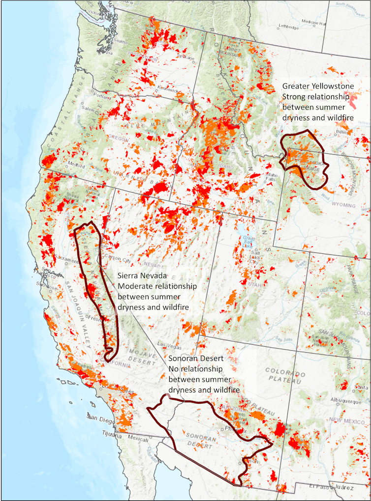 A satellite-view map showing fire area with Yellowstone, the Sierra Nevada and the Sonoran Desert ecoregions marked