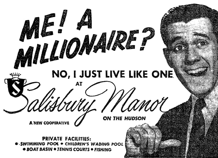 An old-fashioned advertisement for co-op apartments featuring a man in a suit and tie