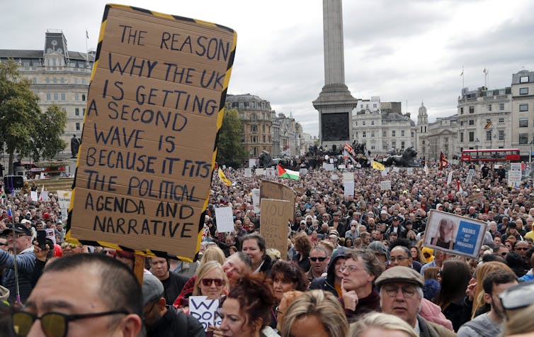 A protest against coronavirus restrictions in Trafalgar Square, London, September 26 2020.