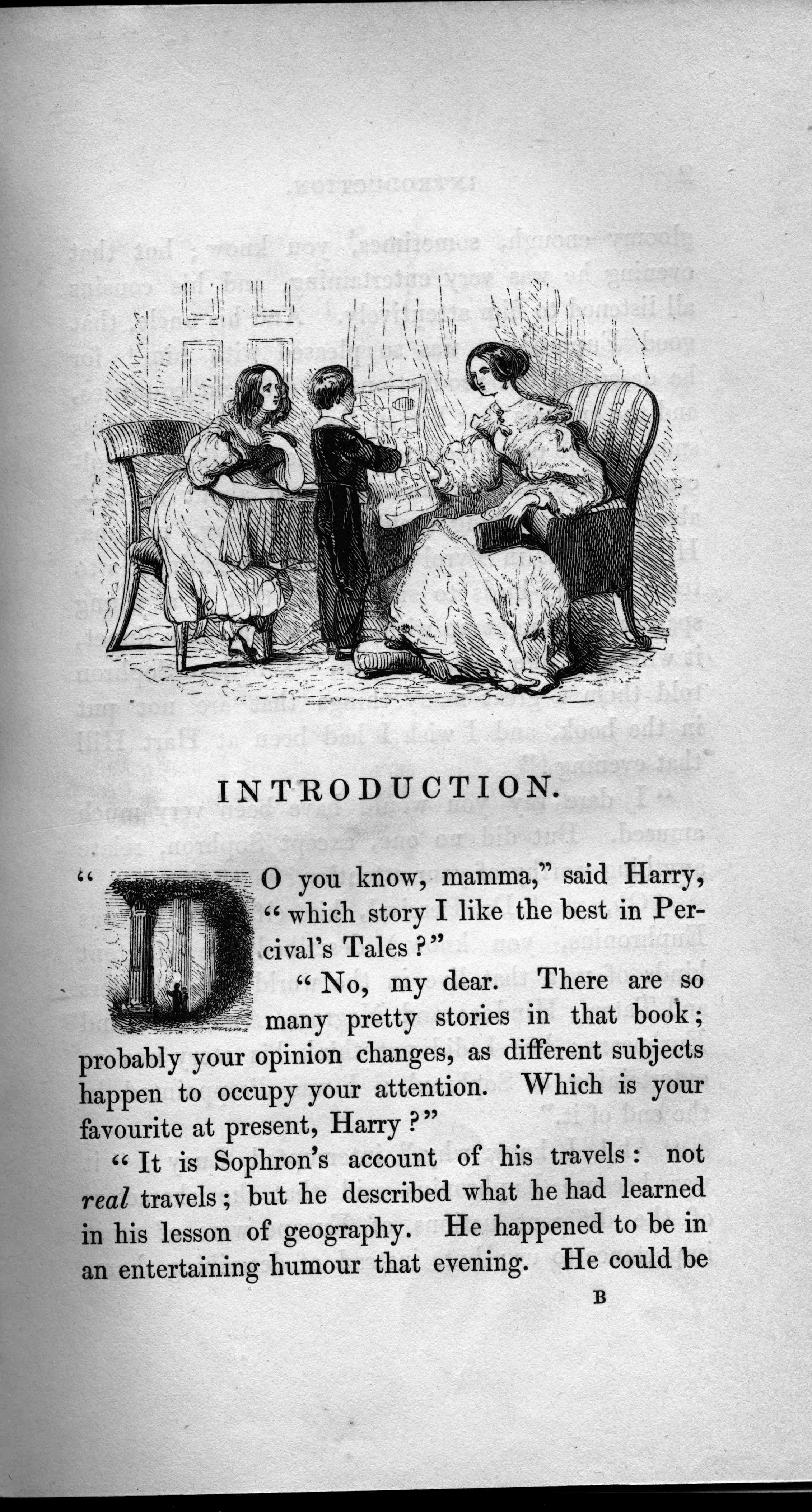 Engraving showing a mother and daughter sitting at a table laden with books, while son stands holding an atlas.