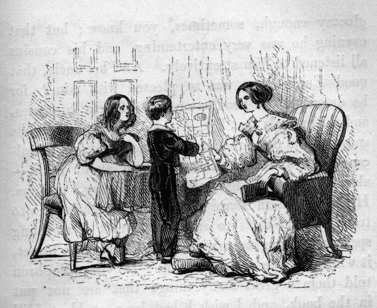 Engraving showing a mother and daughter sitting at a table laden with books, while son stands holding an atlas.