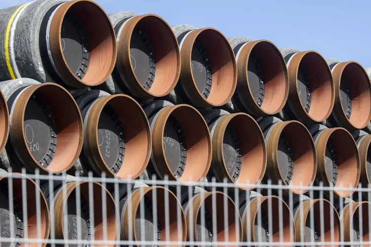 Gas pipes bound for the Russian pipe laying vessel Akademik Cherskiy (not in picture) that is moored in the port of Mukran near Sassnitz on the Baltic Sea island of Ruegen, north eastern Germany, are pictured on September 7, 2020