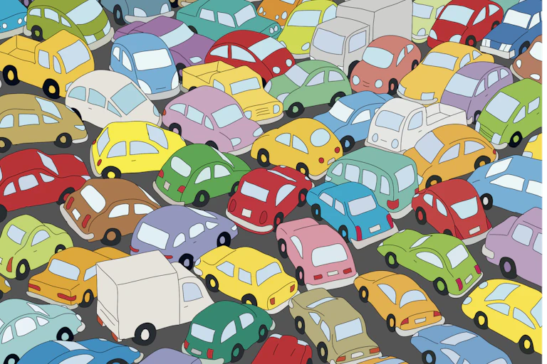 Ilustración con muchos coches en un atasco