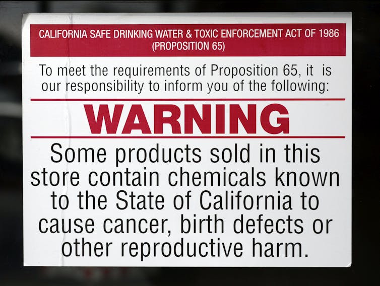 A sign warning of chemicals that cause cancer, birth defects or other reproductive harm.