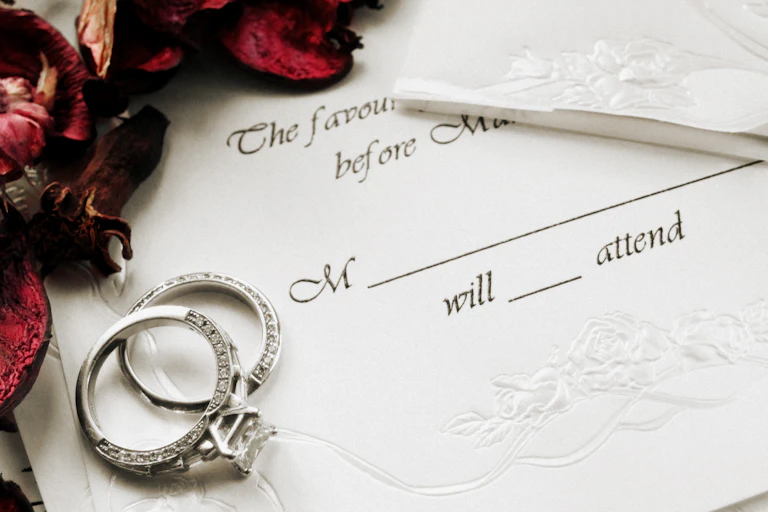 A wedding invitation card with a request to RSVP sits on a table with a pair of rings and some dried flowers