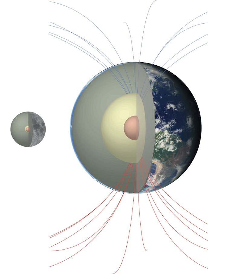 A diagram showing cutouts of the Earth and the Moon with the Moon having a much smaller core relative to its size.