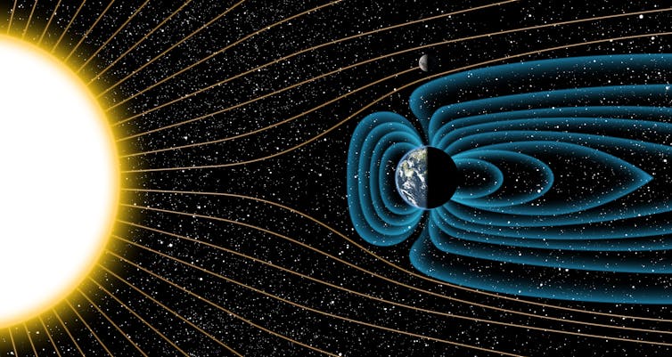 A diagram showing lines of solar radiation deflected by Earth's magnetic field but hitting the Moon.