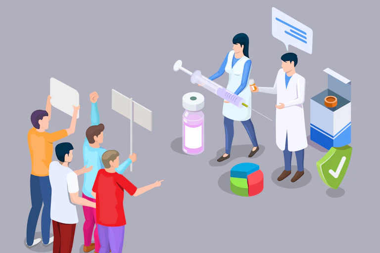 A cartoon showing protestors lined up against scientists, one of whom is offering a vaccination needle.