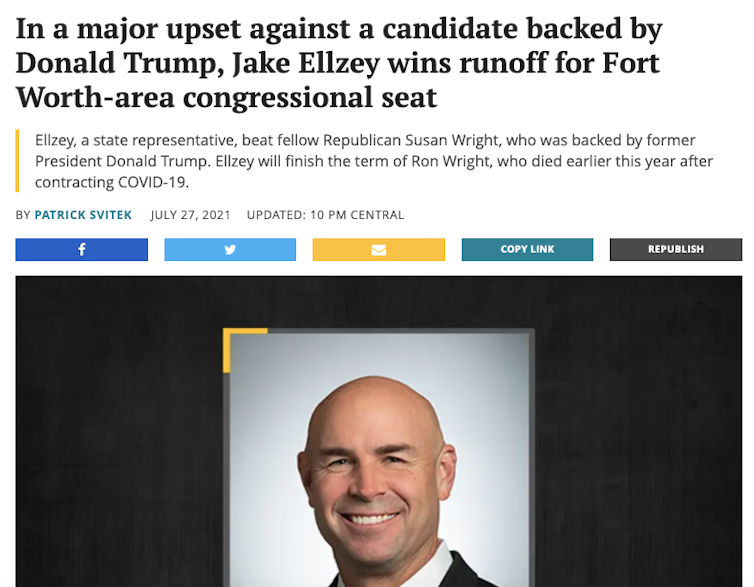 A newspaper headline that reads 'In a major upset against a candidate backed by Donald Trump, Jake Ellzey wins runoff for Fort Worth-area congressional seat.'