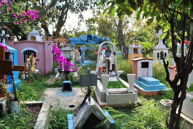 Colourful graves in a cemetery