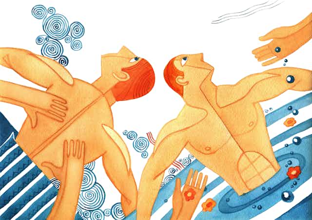 Illustration of man receiving a massage and bathing in a pool.