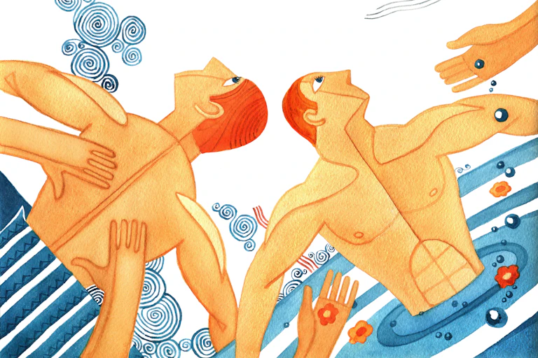 Illustration of man receiving a massage and bathing in a pool.