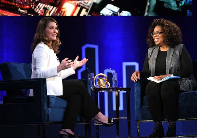 Melinda French Gates (left), being interviewed by Oprah Winfrey