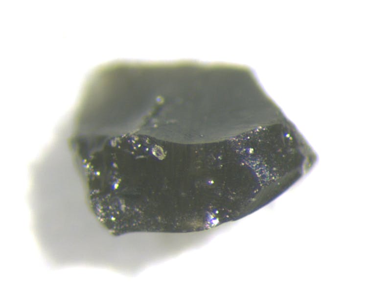 A small dark green rock seen under a microscope.