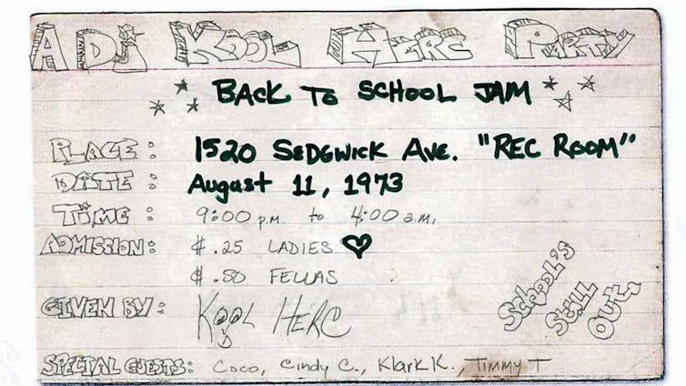 Flyer for the Back to School Jam hosted by DJ Kool Herc