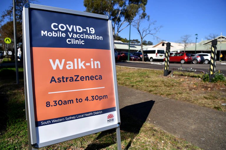 A sign in NSW for a mobile COVID-19 vaccination clinic.