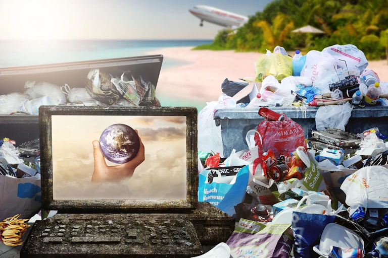 Various plastic objects on a beach
