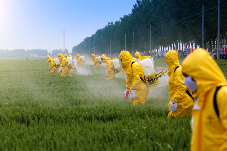 A row of people in yellow overalls spray a wheat crop.