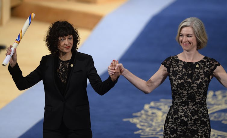 French researcher Emmanuelle Charpentier (left) and U.S. biochemist Jennifer Doudna (right)