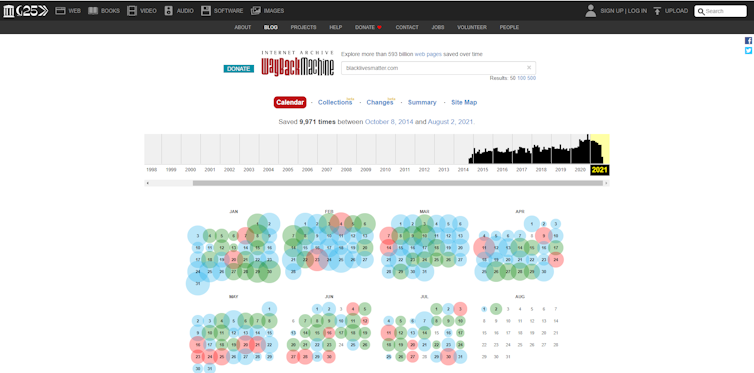 A webpage from the Wayback Machine showing 9971 available search results for 'Black Lives Matter' between October 8, 2014, and August 2, 2021.