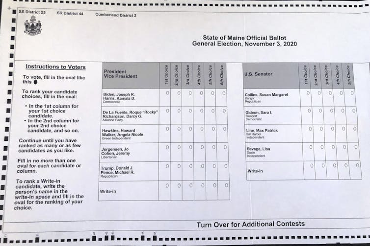 An image of a ranked choice voting ballot from Maine in 2020.