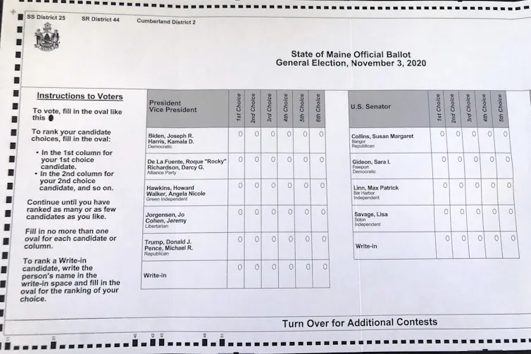 An image of a ranked choice voting ballot from Maine in 2020.