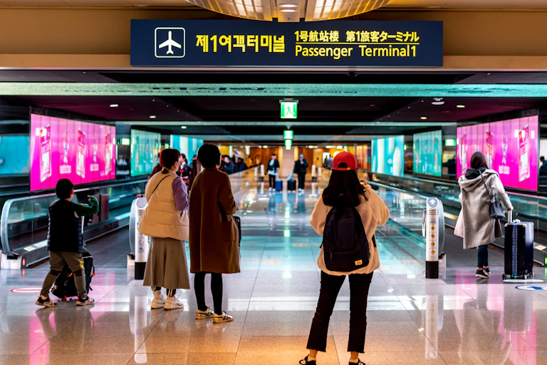 People wait at an airport in South Korea.
