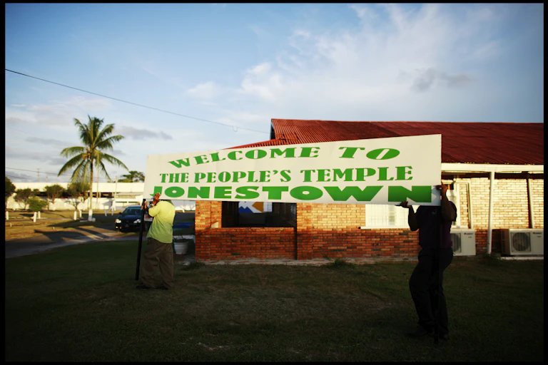 A sign indicating the site of the Peoples Temple and Jonestown, Guyana where over 900 people died in 1978.