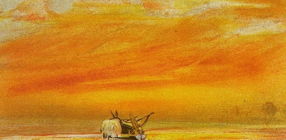 Painting of a boat near London with a brightly colored sunset sky