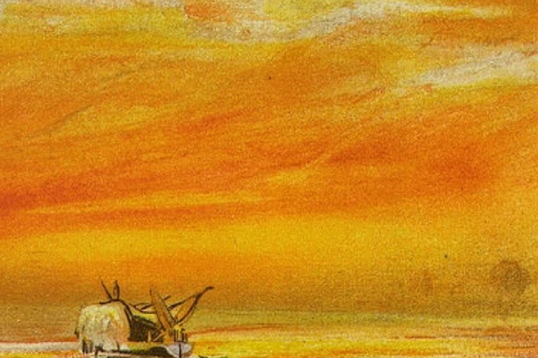 Painting of a boat near London with a brightly colored sunset sky