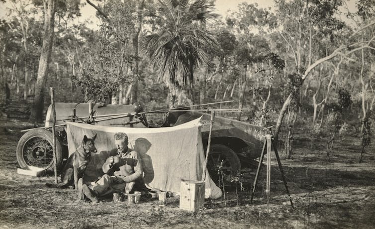black and white photo of outback camp