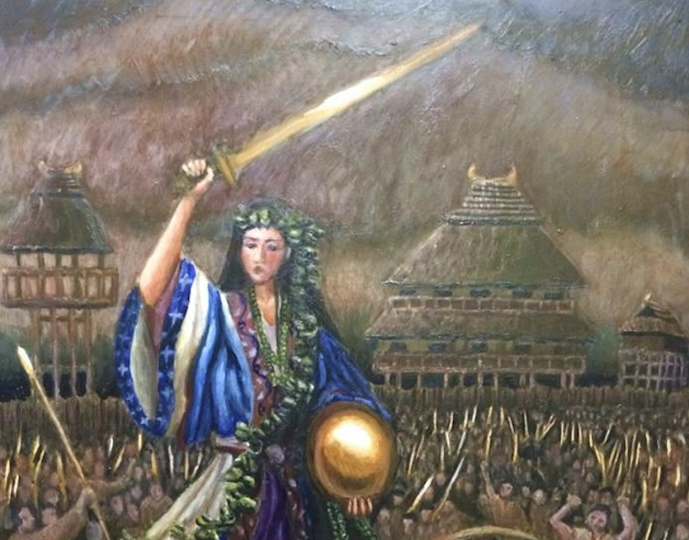 A woman in a blue robe, wielding a sword and carrying an orb, surrounded by soldiers with Japanese houses in the background.